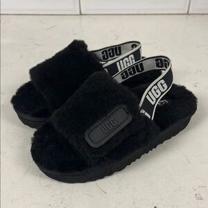 UGG Disco Slide Kids Black Fluffy Sandals - Slippers Size 13